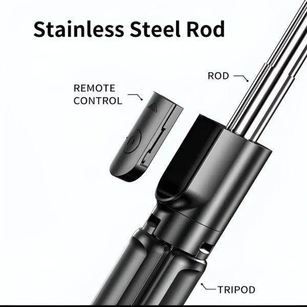 4-in-1 Tripod Selfie Stick, extended with phone clamp